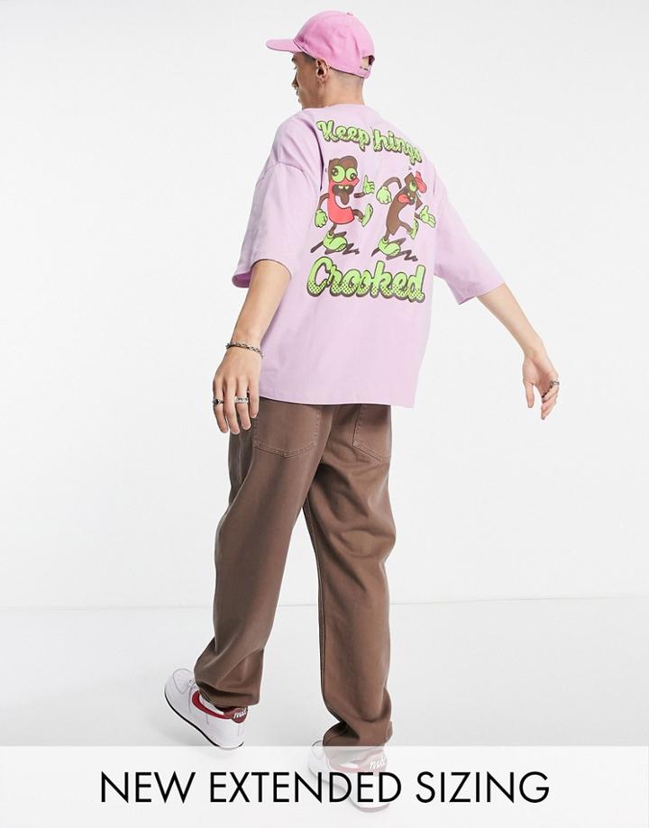 Crooked Tongues Oversized T-shirt With Keep Things Crooked Print In Purple