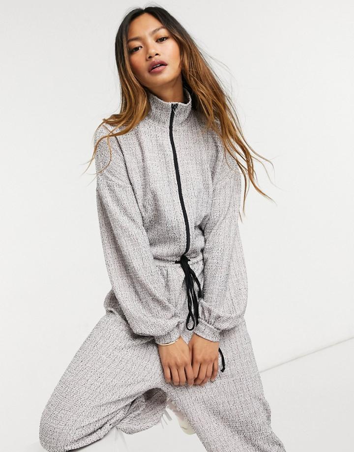 Asos Design Boucle Jumpsuit With Zip Front In Gray Plaid-multi