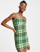 Asos Design Square Neck Tie Shoulder Mini Dress In Green Check-multi