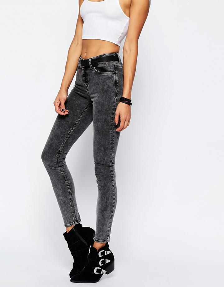 Asos Lisbon Mid Rise Skinny Jeans In Black Acid Wash - Pearl Acid Wash