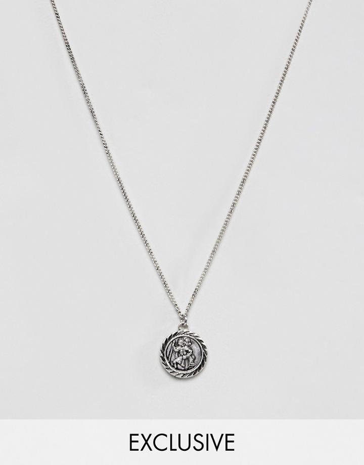 Reclaimed Vintage Inspired St Christopher Pendant Necklace In Burnished Silver - Silver