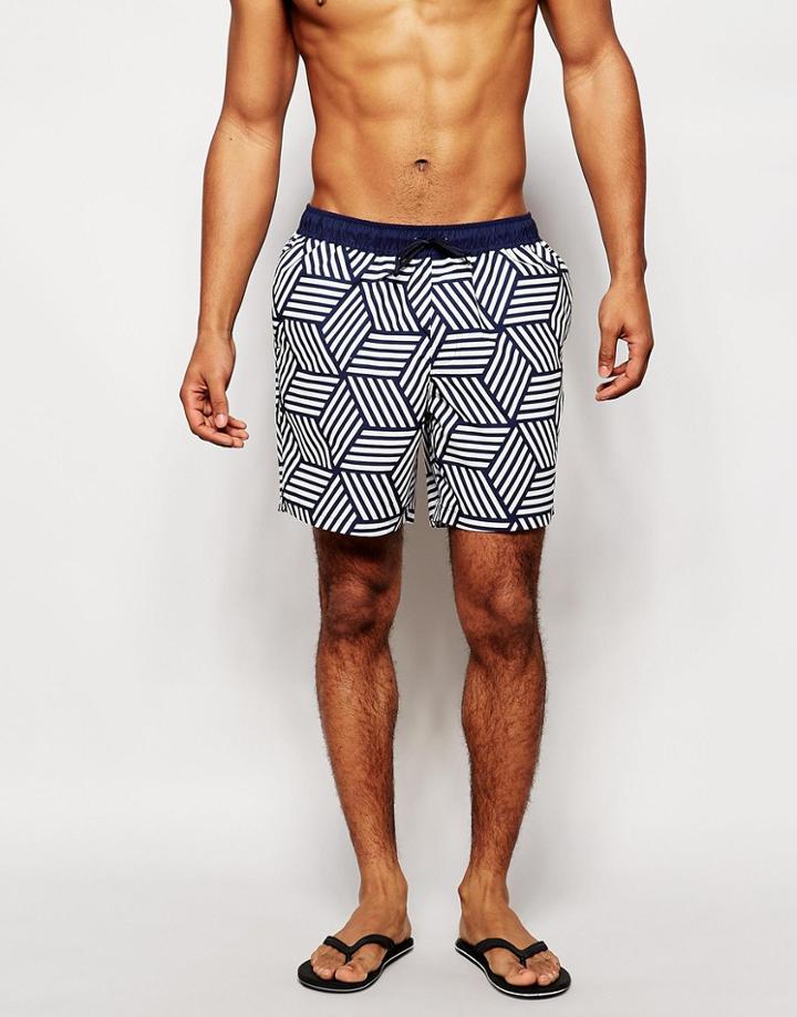 Asos Mid Length Swim Shorts With Geo Print And Contrast Waistband - Navy
