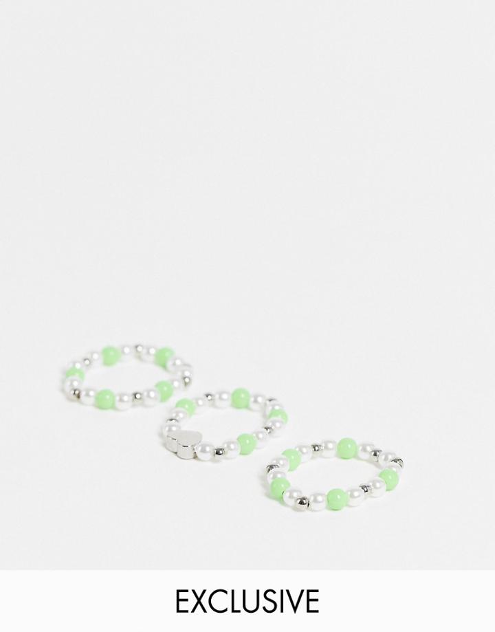 Reclaimed Vintage Inspired Unisex Stretch Rings With Hearts Beads In Green And Silver