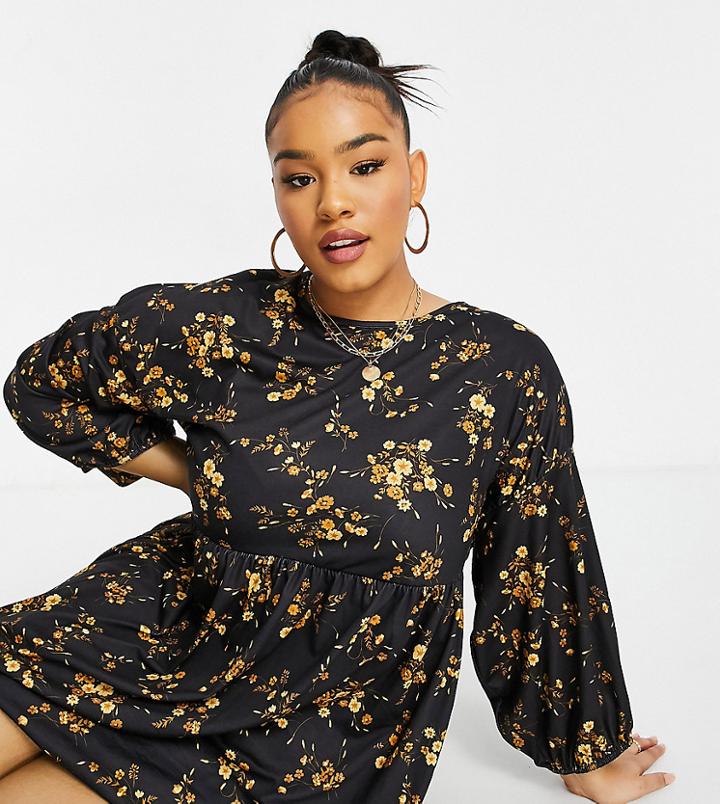 Yours Balloon Detail Dress In Mustard Floral-yellow