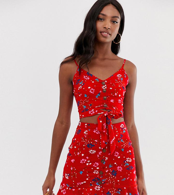 Parisian Tall Button Front Cami Top With Tie Front In Floral Print - Red