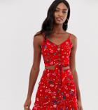 Parisian Tall Button Front Cami Top With Tie Front In Floral Print - Red