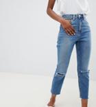 Asos Design Petite Farleigh High Waist Slim Mom Jeans In Mid Stonewash Blue With Rips - Blue