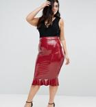 Club L Plus High Shine Bodycon Skirt With Frill Hem - Red