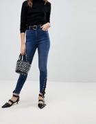 Asos Ridley High Waist Skinny Jeans With Lace Up Hem In Nancy Dark London Blue - Blue