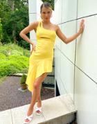 Asos Design One Shoulder Double Strap Side Pep Pencil Midi Dress In Lemon-yellow
