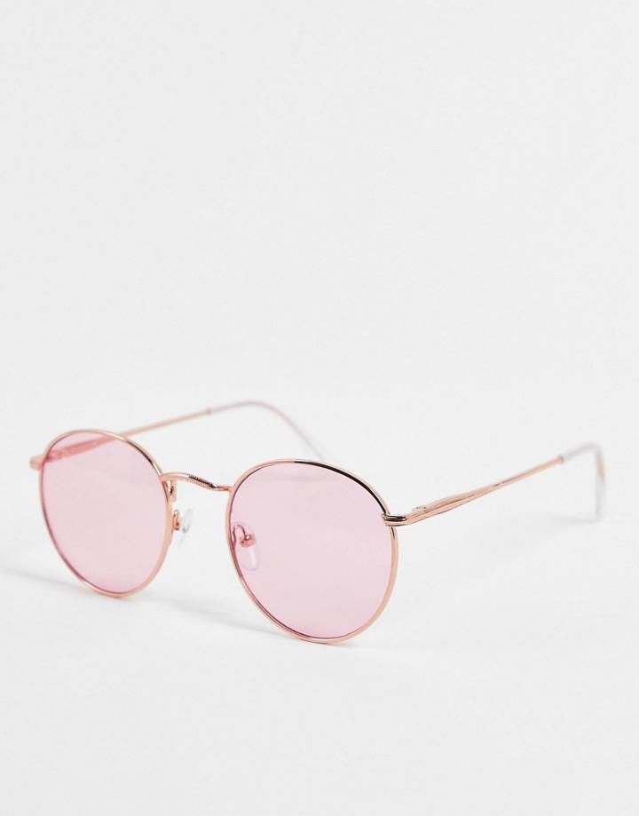 Asos Design Metal Round Sunglasses In Rose Gold With Pink Lens
