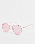 Asos Design Metal Round Sunglasses In Rose Gold With Pink Lens