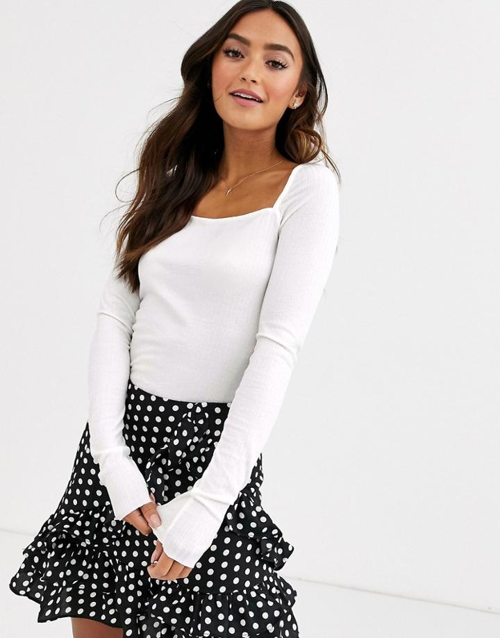 Pieces Square Neck Ribbed Jersey Top-white