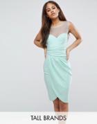 City Goddess Tall Wrap Front Midi Dress With Mesh Panel - Green