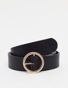 Asos Design Slim Belt In Black Faux Leather With Round Gold Detail Buckle