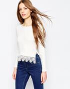 Asos Cropped Sweater In Rib With Lace Hem - White