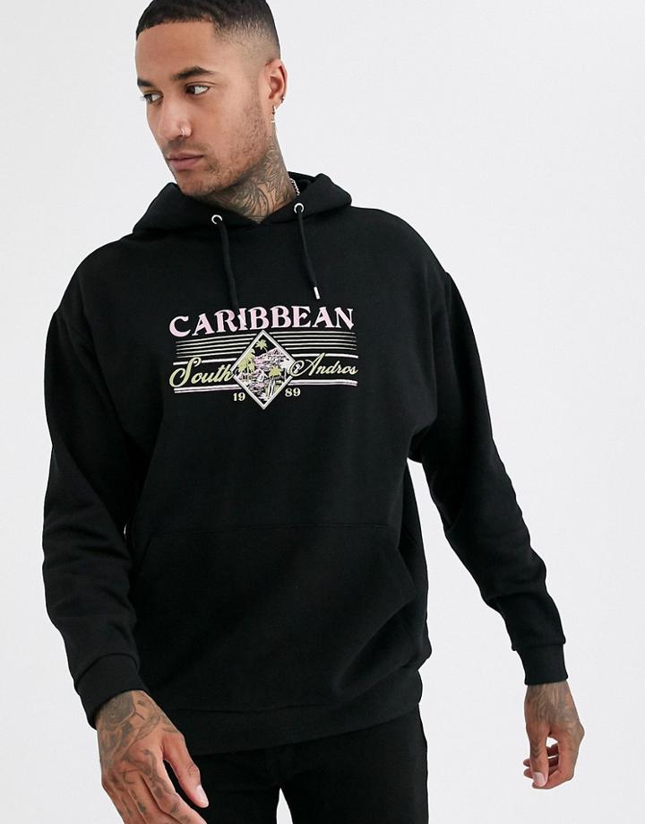 Asos Design Oversized Hoodie With Carribean Print In Black
