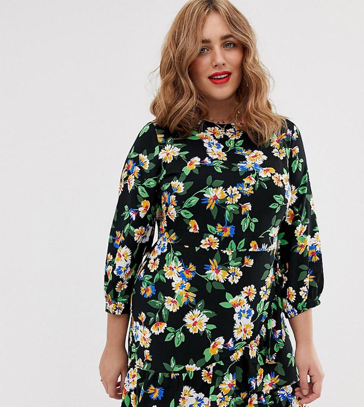 Simply Be Wrap Shift Dress In Black Floral-multi