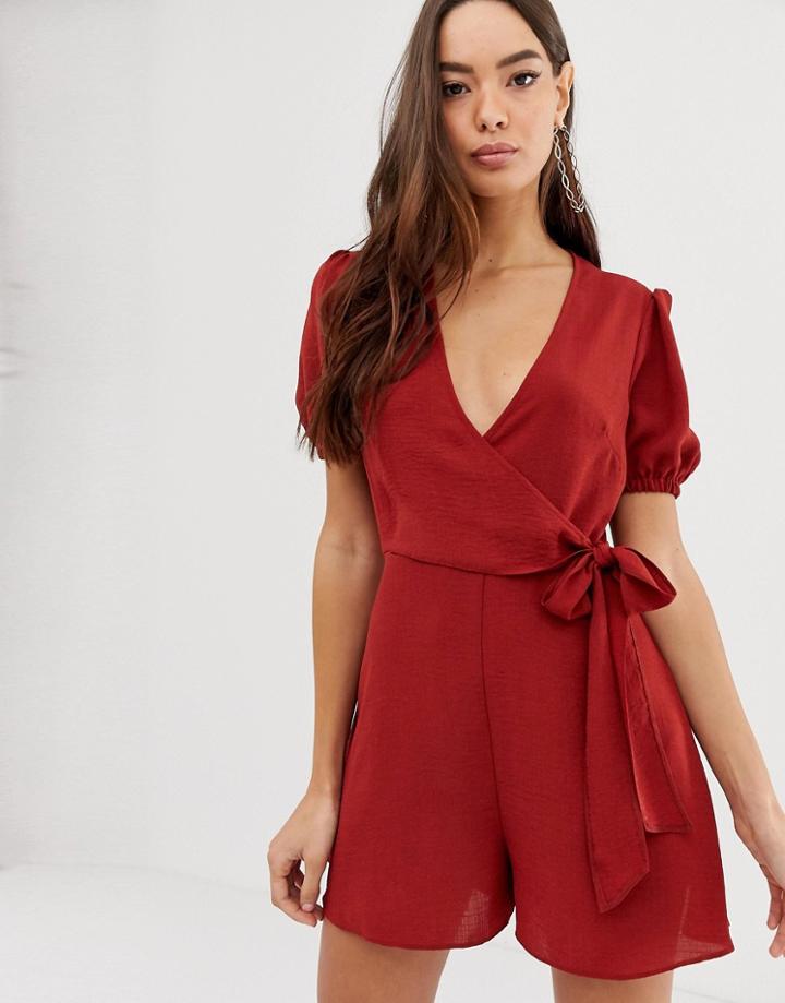 Asos Design Wrap Romper With Puff Sleeve - Red