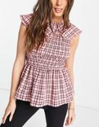 River Island Shirred Gingham Check Collared Top In Pink