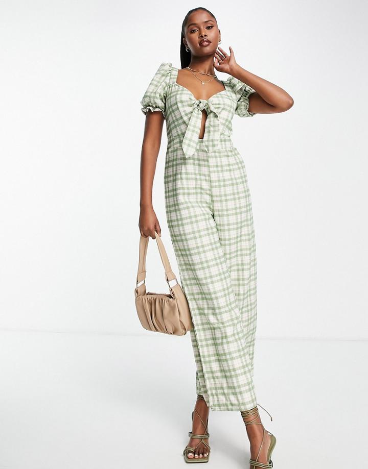 Missguided Check Tie Front Jumpsuit In Green