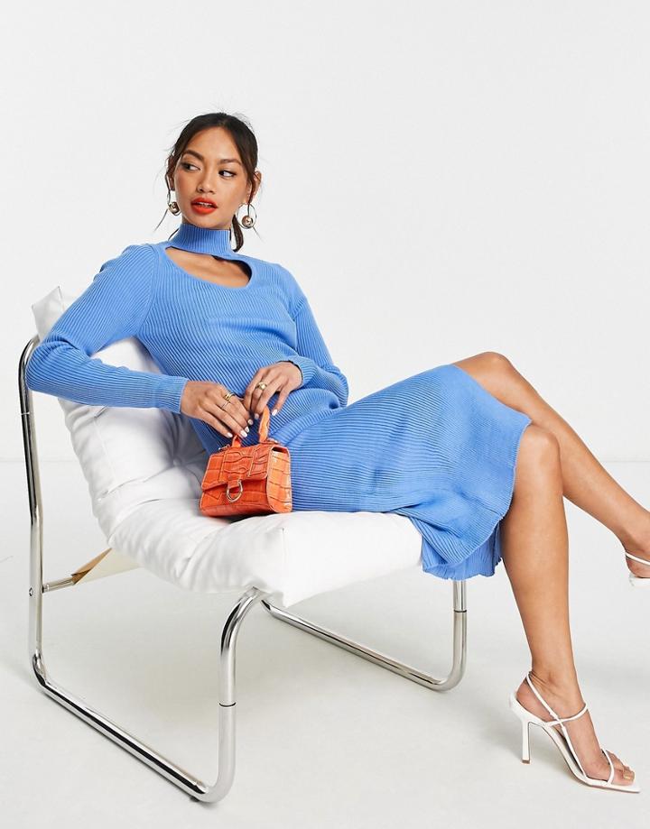 Trendyol Knitted Midi Dress With Cut Out Detail In Sky Blue-blues