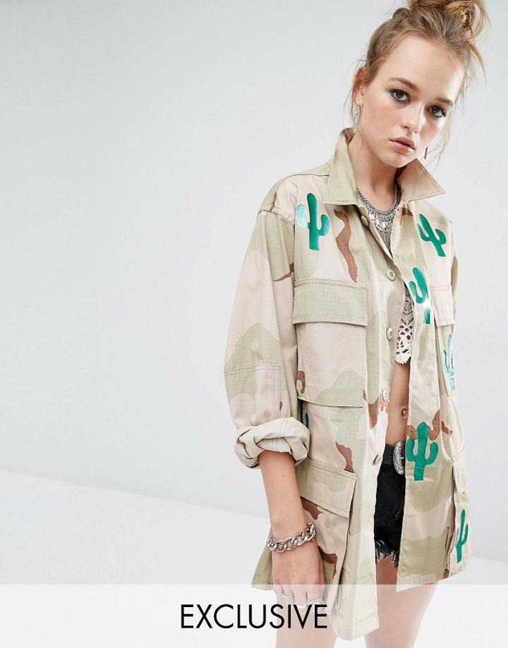 Reclaimed Vintage Military Jacket In Camo Print With All Over Cactus - Sand