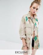 Reclaimed Vintage Military Jacket In Camo Print With All Over Cactus - Sand