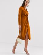 Asos Design Midi Wrap Front Shirt Dress In Slub - Orange