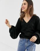 Brave Soul Harrio V Neck Sweater With Wide Sleeves-black