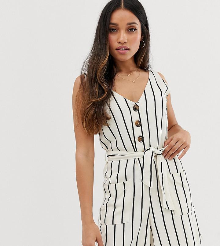 River Island Petite Romper With Belt In Stripe - Cream