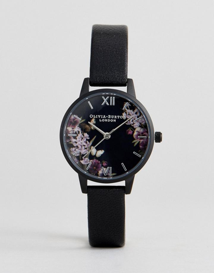Olivia Burton Ob16ad22 After Dark Floral Leather Watch In Black - Black