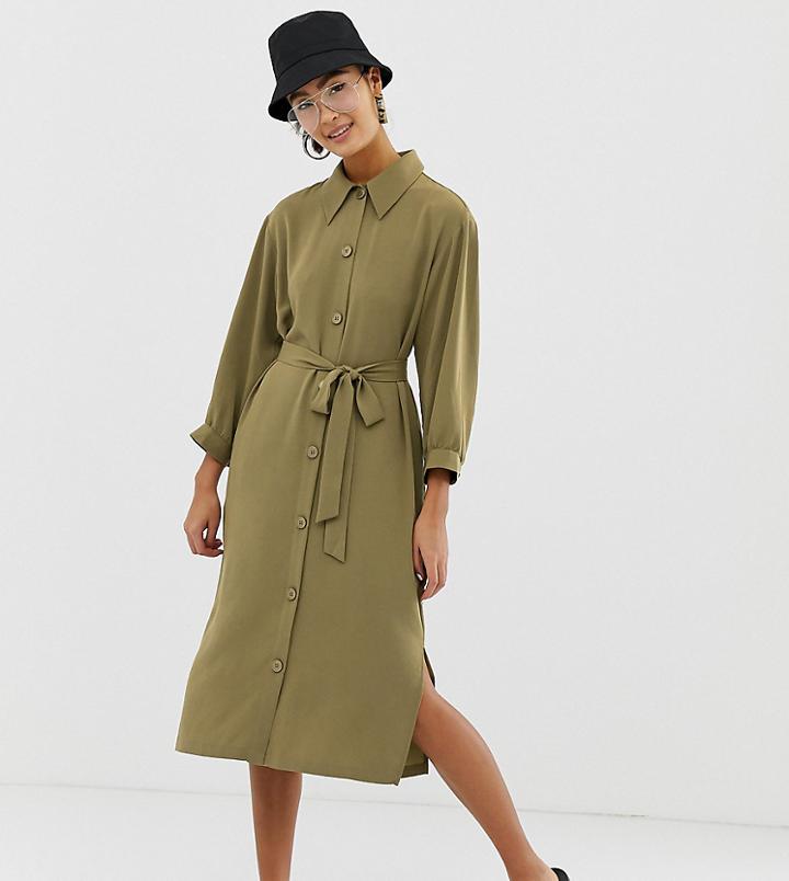Monki Button Down Tie Front Dress In Khaki - Green