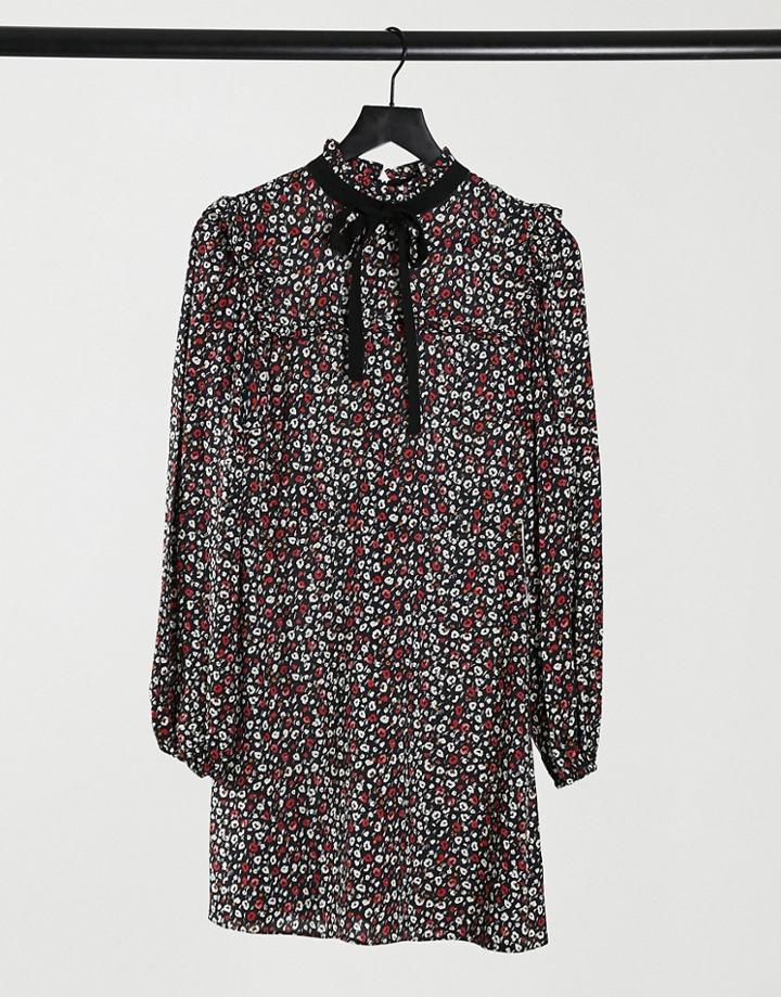 Miss Selfridge Smock Dress With Tie Neck Detail In Black Ditsy Floral