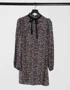 Miss Selfridge Smock Dress With Tie Neck Detail In Black Ditsy Floral
