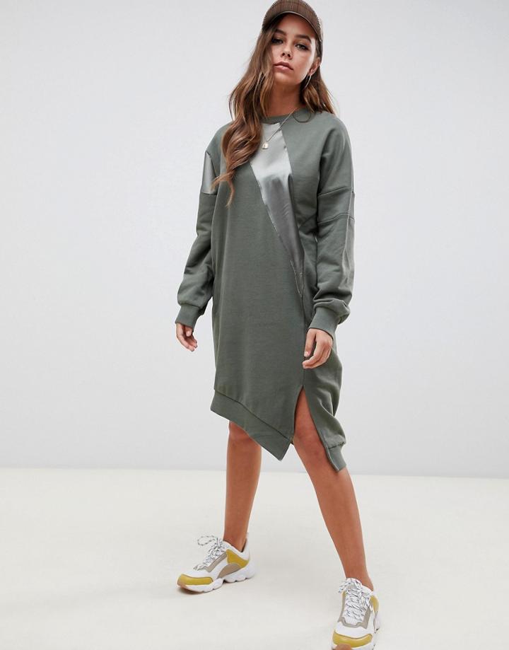 Asos Design Oversized Patchwork Sweat Dress With Asymmetric Hem - Green