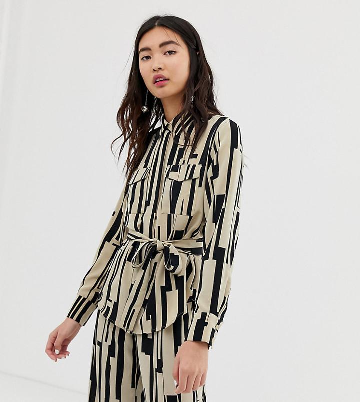 Monki Print Utility Oversized Belted Shirt In Beige - Beige