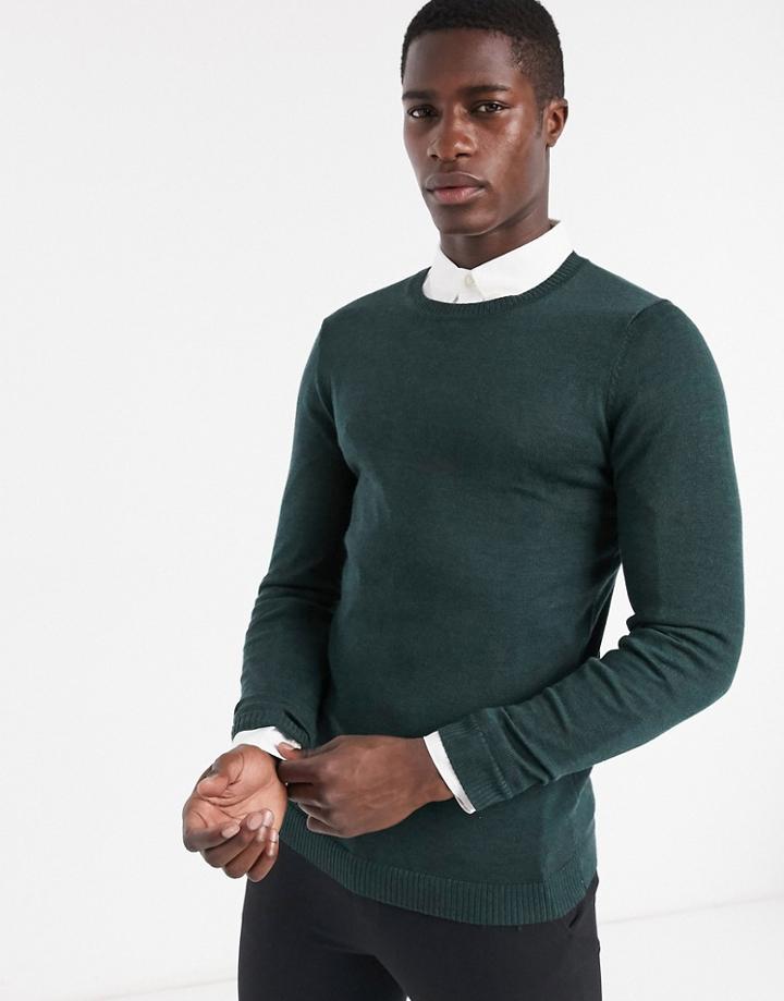 Asos Design Muscle Fit Merino Wool Crew Neck Sweater In Forest Green