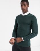 Asos Design Muscle Fit Merino Wool Crew Neck Sweater In Forest Green