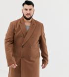 Asos Design Plus Wool Mix Double Breasted Overcoat In Dark Camel - Tan
