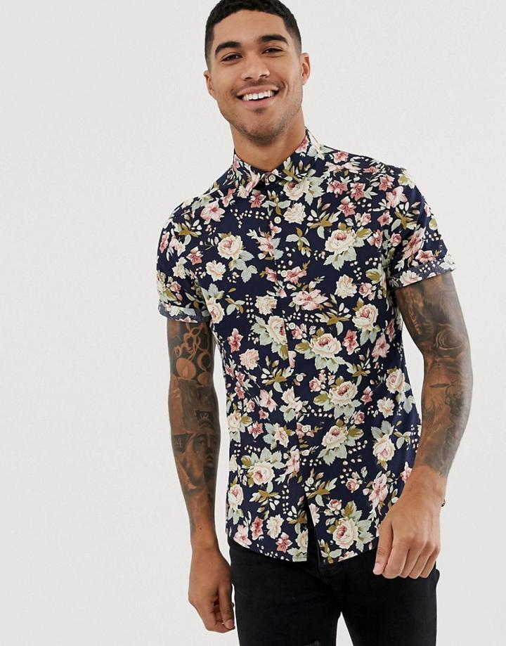 Asos Design Skinny Fit Floral Shirt In Navy - Navy