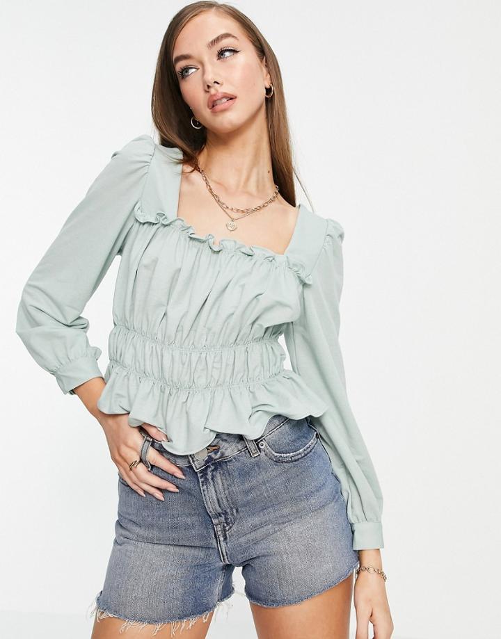 Mango Square Neck Shirred Blouse In Sage Green