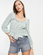 Mango Square Neck Shirred Blouse In Sage Green