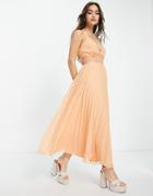 Asos Design Lace Insert Pleated Midi Dress In Peach-orange