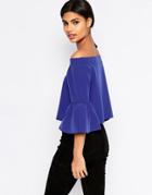 Asos Off The Shoulder Top With Ruffle Sleeve - Cobalt