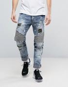 Reason Distressed Slim Jeans With Camo Patches - Blue