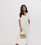 Asos Design Petite Denim Sweetheart Neck Puff Sleeve Jumpsuit In Stripe - Multi