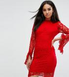 Missguided High Neck Crochet Long Sleeve Mini Dress - Red