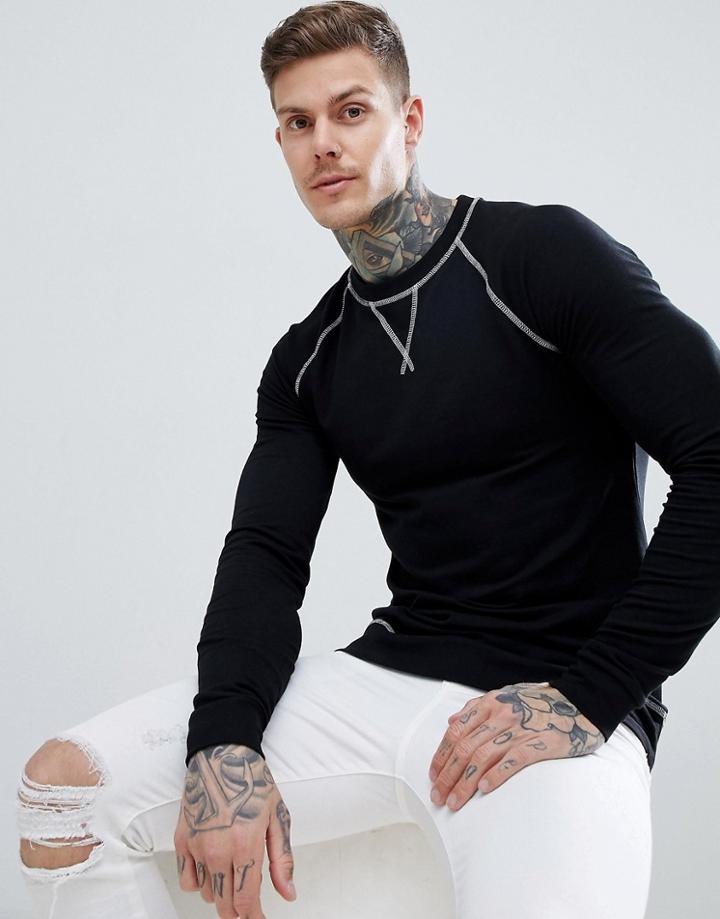 Asos Design Muscle Fit Sweatshirt In Black With Contrast Stitching - Black