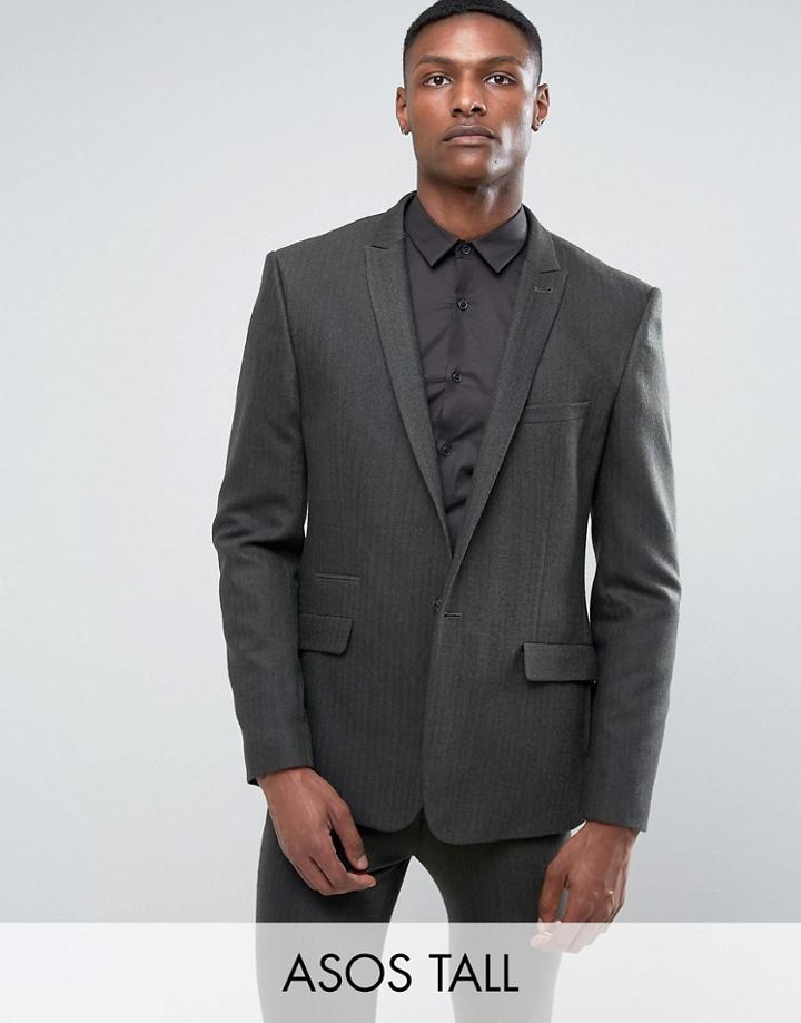Asos Tall Skinny Suit Jacket In Herringbone Green Wool Blend - Green